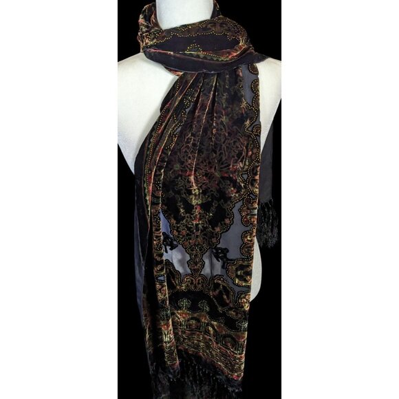 Vintage Gothic Floral Burnout Red And Gold Scarf With Glitter Accents - Picture 1 of 6
